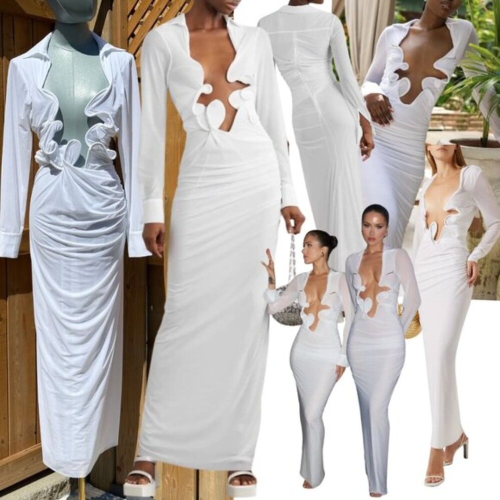 🆕 CHRISTOPHER ESBER 🧿 NWOT Venus Plunge Shirt Maxi Dress, White - Sz AU10 US 6